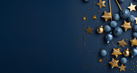 Obraz na płótnie Canvas a blue background with gold decorations and stars, in the style of photorealistic still lifes, aerial view, light navy and dark gray, contemporary candy-coated, xmaspunk