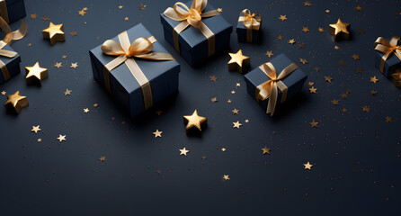 christmas boxes with gold, light blue and, in the style of dark navy and dark indigo, photo-realistic still life, aerial view, juxtaposition of objects, shaped canvas, selective focus