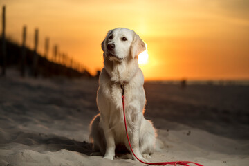 Młody pies, szczeniak rasy Golden Retriever siedzący na piaszczystej plaży o zachodzie słońca. W oddali białego psa, zachodzące słońce . Pies Patrzy w lewo do góry - obrazy, fototapety, plakaty