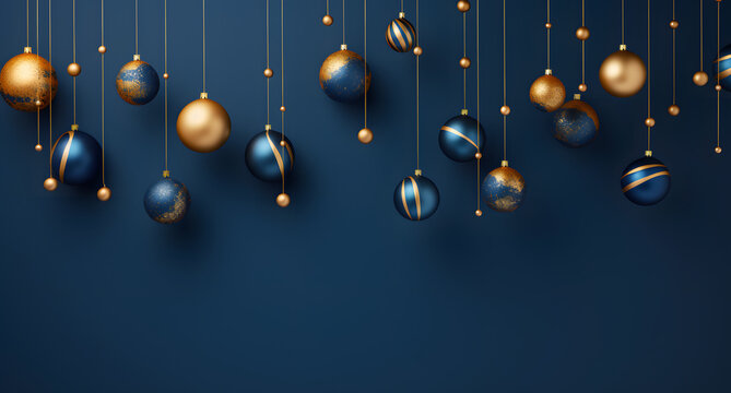 christmas decorations on a blue background, in the style of dark navy and dark gold, three-dimensional space, contemporary candy-coated, aerial view, commission for, minimalistic modern