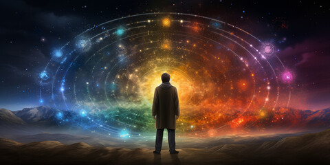 Fototapeta premium Mann mit Rückenansicht vor einerkreisförmigen großen bunten Wand voller energie als Banner im Querformat, ai generativ 