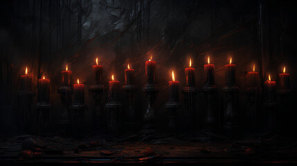 Black and dark candles with Halloween skulls and pumpkins. Realistic scenes with many candles in a gloomy and very dark environment.