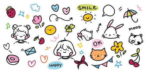 Cute doodle design elements set. Vector flat illustration in hand drawn style. 