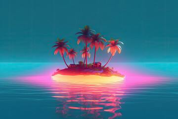 Fototapeta na wymiar A small island with palm trees Neon Paradise Generative AI