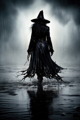 Magic gothic enchanted witch woman evil fairy girl magician character wearing dress and hat in Happy Halloween spooky scary fantasy fall scene with full moon creepy horror night light background.