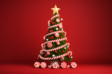 christmas tree on a red background with candy canes and garland