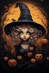 Magic gothic enchanted witch woman evil fairy cartoon character girl wearing dress in Happy Halloween spooky scary fantasy fall scene with full moon creepy horror night light background. Copy space.