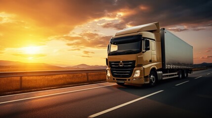 Fototapeta na wymiar Modern lorry driving on a highway at sunset. Generation AI