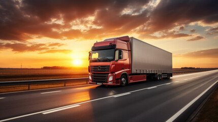 Modern lorry driving on a highway at sunset. Generation AI