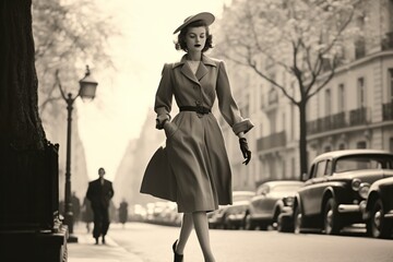 woman walking through Paris in 1950, vintage monochromatic - obrazy, fototapety, plakaty