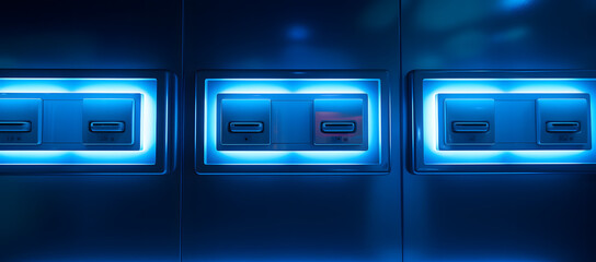 neon light switches on a blue wall, in the style of hyper-realistic sci-fi, cabincore, neon