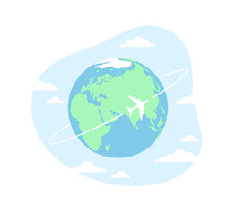 Earth globe with an airplane flying around it and blue cloudy sky isolated on a white background. Flat vector illustration