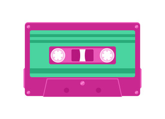 Plastic pink and green retro audio cassette isolated on white background. Flat vector illustration