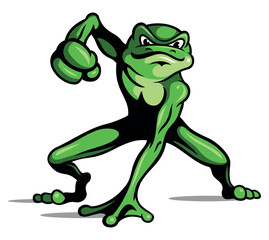 Cartoon style green fighting frog character. Isolated on white background.