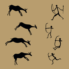 Rock paintings with hunting scene vector illustration.