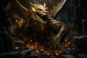 Fototapeta premium A massive, ominous dragon guarding its treasure trove of gleaming jewels, gold coins, and ancient relics within a dark, foreboding cave