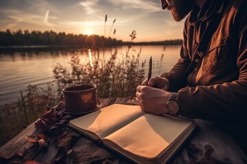 traveler writing in his journal in front of the lake at sunset - obrazy, fototapety, plakaty