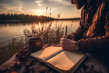 Fotobehang traveler writing in his journal in front of the lake at sunset © Jorge Ferreiro