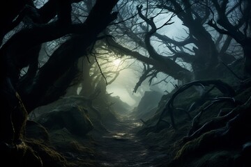 Obraz premium A moonlit forest shrouded in mist, with twisted, gnarled trees, dark shadows in the horror night woods
