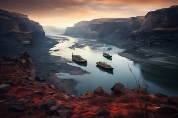 A spectral river winding through a desolate, otherworldly landscape, with ghostly boats ferrying lost souls to the afterlife