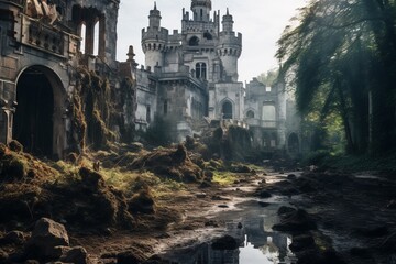 A sprawling, decrepit castle with crumbling towers and ghostly apparitions, haunted by a tragic history and secrets of the past
