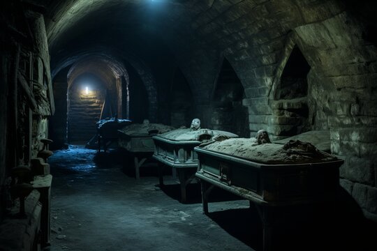 An eerie, underground crypt adorned with ancient coffins