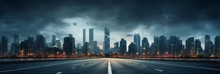 Fototapeta premium A dramatic city skyline with illuminated skyscrapers in a metropolitan setting, shoot from the surface, wide empty avenue