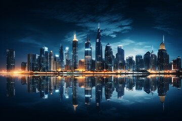 A dramatic city skyline with illuminated skyscrapers in a metropolitan setting, clear reflection on the water