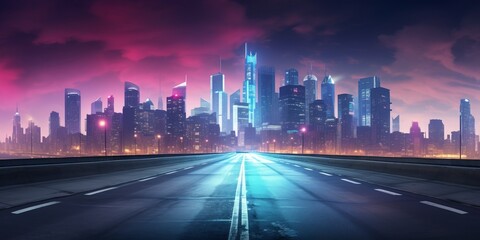 Fototapeta na wymiar A dramatic futuristic cyberpunk city skyline with illuminated skyscrapers in a metropolitan setting, shoot from the surface, wide empty avenue