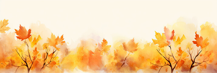A watercolor capturing the essence of autumn, featuring a banner-style landscape with a tranquil fall atmosphere and gracefully descending orange leaves