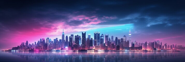 A dramatic cyberpunk city skyline with illuminated skyscrapers in a metropolitan setting, shoot from the surface, wide empty avenue