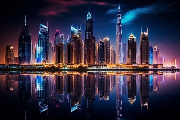 A dramatic futuristic city skyline with illuminated skyscrapers in a metropolitan setting - obrazy, fototapety, plakaty