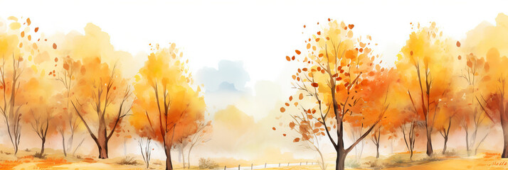  Watercolor illustration of a picturesque autumn landscape with a serene fall mood, highlighted by gently falling orange leaves.