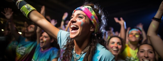 Fototapeta premium A fitness class is in full swing, with participants wearing neon-colored headbands and wristbands, adding splashes of purple, red, blue and green to the mix. Generative AI