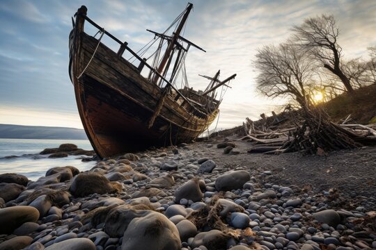 A haunted shipwreck stranded on a desolate shore