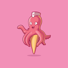 Octopus character on top of an Ice Cream cone vector illustration. Funny, food, brand design concept.