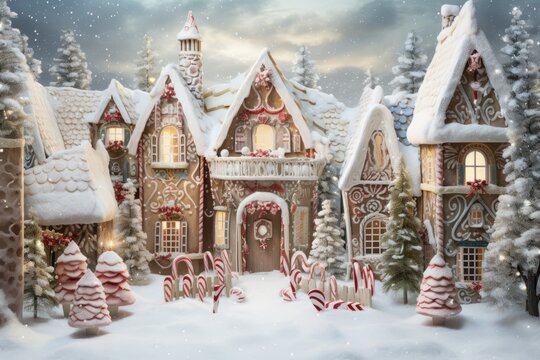 A Whimsical Snowfall In A Charming Winter Village, Where Gingerbread Houses And Candy Cane Trees Create A Fantasy Christmas Wonderland