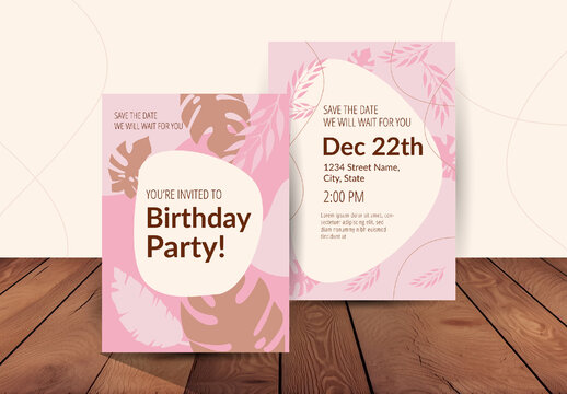 Pink and Beige Birthday Party Invitation Floral Leaves Template