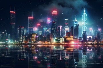 A sprawling cyberpunk cityscape bathed in the neon glow of holographic billboards and hovering vehicles, where towering skyscrapers pierce the smog-filled skies