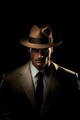 mature man detective with a hat and overcoat very serious and elegant