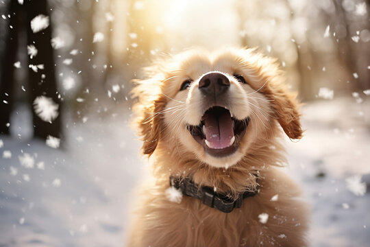 AI-Generated Image of a fluffy golden retriever puppy experiencing its first snowfall, trying to catch a snowflake with its tongue
