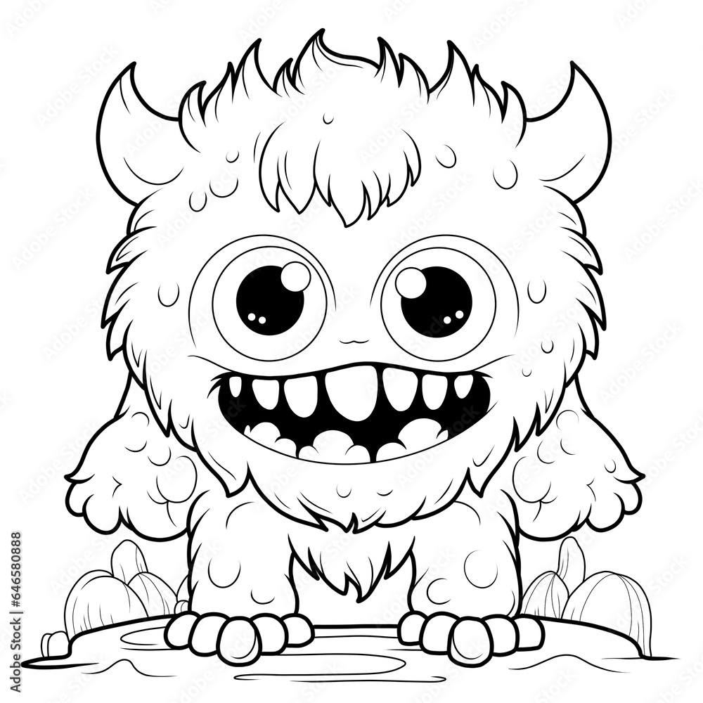 Sticker illustration, line drawing of cute monster, childish, coloring