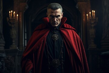 old vampire in red cloak in the castle
