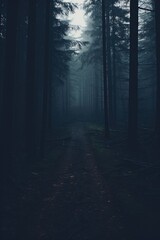 Naklejka premium Misty spooky forest background, gloomy trees in scary horror foggy woods Happy Halloween dark night creepy nature mist fantasy atmosphere mystery dramatic landscape fall nightmare scenery. Copy space