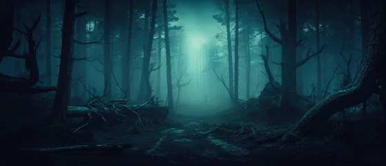 Fotobehang Misty spooky forest background, gloomy trees in scary horror foggy woods Happy Halloween dark night creepy nature mist fantasy atmosphere mystery dramatic landscape fall nightmare scenery. Copy space © Synthetica