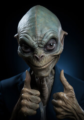 Close-Up of a Friendly Alien with Big Eyes, a Smile, Two Thumbs Up and Dressed for Outer Space Adventure in a Blue Jacket. Generative AI.