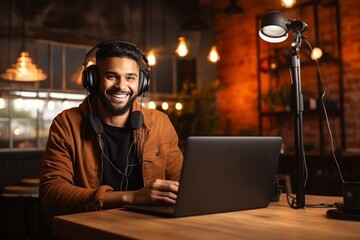 positive modern content creator indian man on a computer