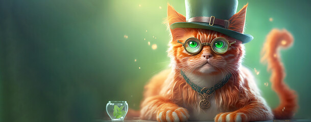 Red cat in a leprechaun hat and glasses, portrait. Banner. Wallpaper. Copy space. Generated AI. Edited in Photoshop