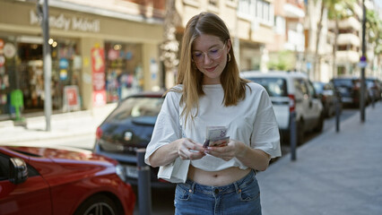 Young blonde woman smiling confident counting swedish krone banknotes at street