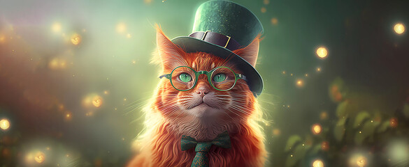 Red cat in a leprechaun hat and tie, portrait. Banner. Wallpaper. Medium plan. Generated AI. Edited in Photoshop